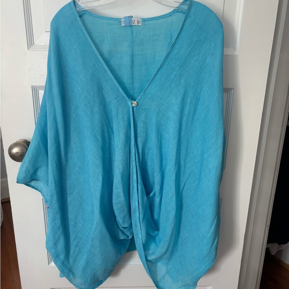 Lightweight Turquoise V-Neck Draped Blouse